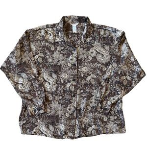 Vintage Silk Western-Style Paisley & Floral Blouse Brown/Cream Black Piping XL